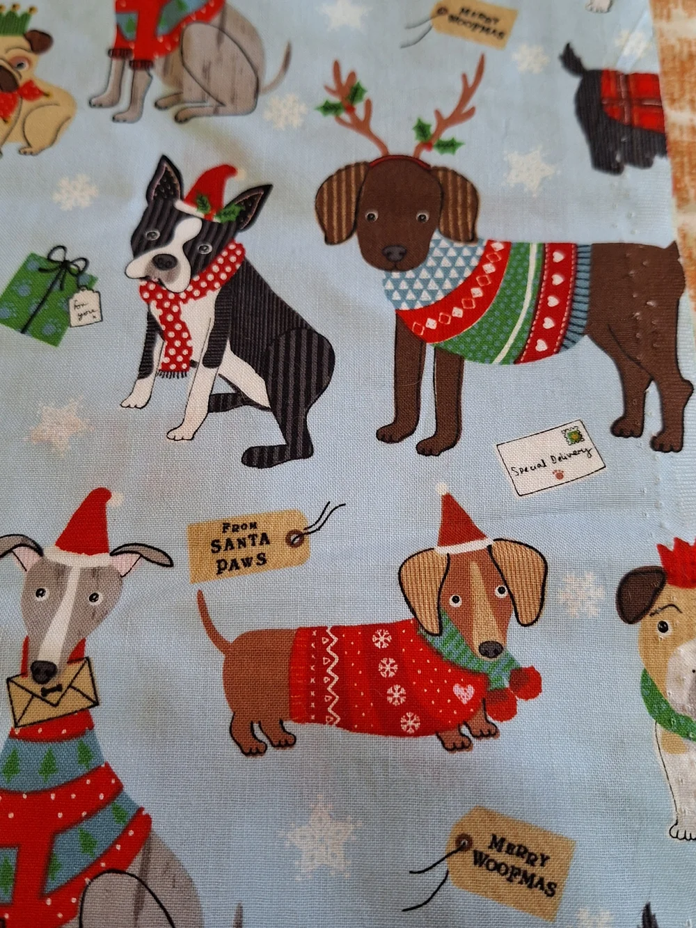 4 Yards Merry Woofmas Holiday Dog Print Light Blue Fabric